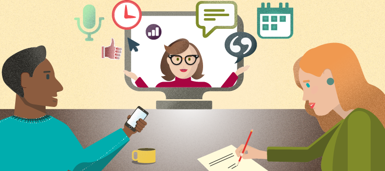 A computer screen shows a woman surrounded by different symbols including microphone, calendar, clock, etc. Two students are watching the screen and taking notes.