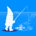 Cartoon gnome using a fishing rod in a small pond, fish are leaping out of the pond