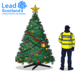 Lead Scotland logo, and an image of a security guard standing next to a Christmas tree decorated with colourful baubles and chains with a padlock