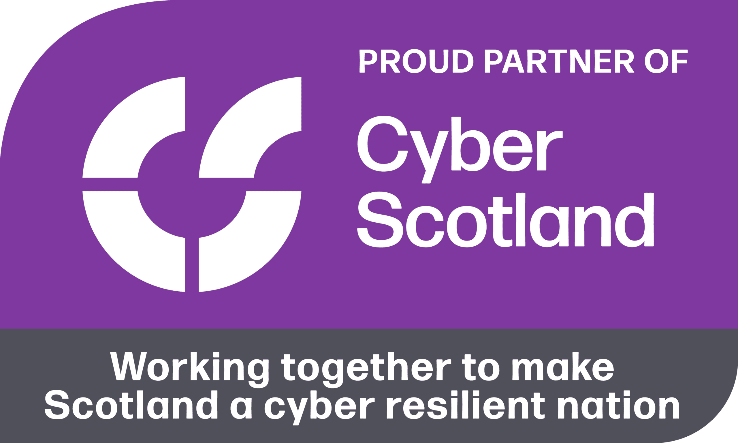     CyberScotland Partnership logo featuring a stylised white ‘C’ symbol and the text ‘CyberScotland’ on a purple background, with the text ' Proud partners of CyberScotland'. Below on a dark grey background the text 'Working together to make Scotland a cyber resilient nation'